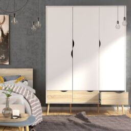 Oslo Wardrobe 3 Doors 3 Drawers in White and Oak - thumbnail 1