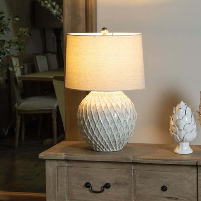 Artisanal Glow: Lattice Ceramic Lamp with Linen Shade - image 1