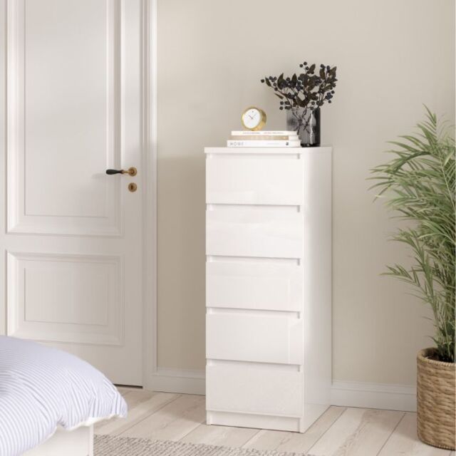 Naia Narrow Chest with 5 Drawers in White High Gloss - image 1