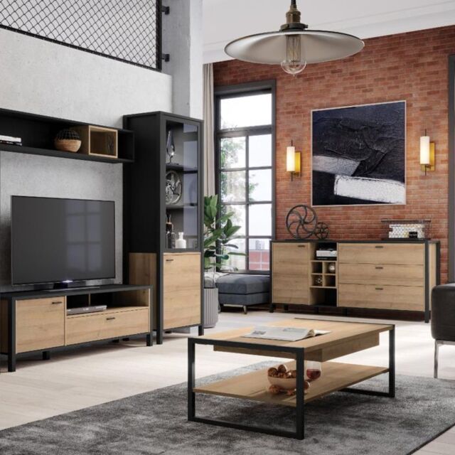 High Rock Wide Display Cabinet in Matt Black/Riviera Oak - image 1
