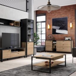 High Rock Wide Display Cabinet in Matt Black/Riviera Oak - thumbnail 1