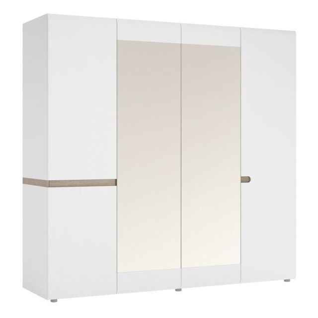 Chelsea Bedroom 4 Door Wardrobe with Mirrored Panels in White & Truffle Oak Trim - image 1
