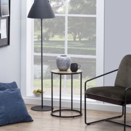 Seaford Black Metal Small Round Side Table with Oak Top - thumbnail 1