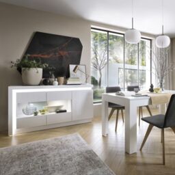Lyon 3 Door Glazed Sideboard (including LED lighting) in White and High Gloss - thumbnail 1