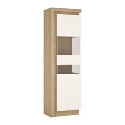 Lyon Tall Narrow Display Cabinet (RHD) in Riviera Oak/White High Gloss - thumbnail 1