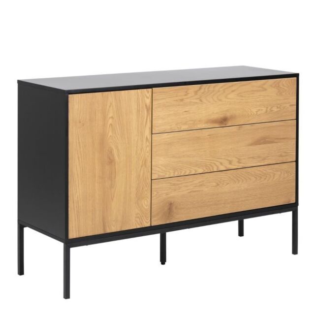 Seaford Compact Sideboard with 3 Drawers & 1 Door Black & Oak - image 1