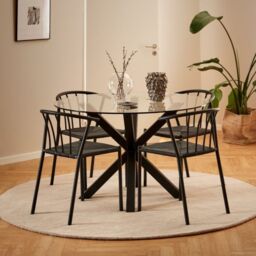 Heaven Round Dining Table with Clear Glass Top and Black Legs 119x75.5cm