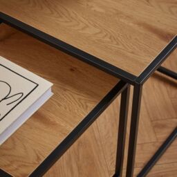 Seaford Black Metal Nest of Tables with Oak Top - thumbnail 5