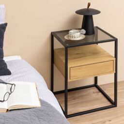 Randolf Square Bedside Table with 1 Drawer in Black and Oak - thumbnail 1
