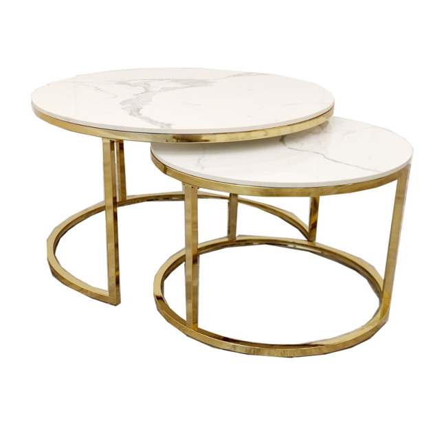 Cato Nest of 2 Gold Round Coffee Tables with Polar White Sintered Stone Tops - image 1