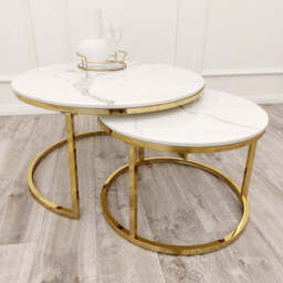 Cato Nest of 2 Gold Round Coffee Tables with Polar White Sintered Stone Tops - thumbnail 4