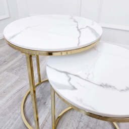 Cato Nest of 2 Tall Gold End Tables with Polar White Sintered Stone Tops – Elegant Luxe Side Tables - thumbnail 2
