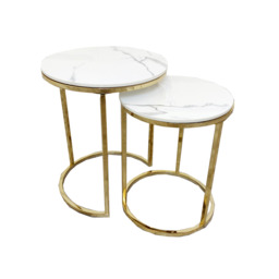 Cato Nest of 2 Tall Gold End Tables with Polar White Sintered Stone Tops – Elegant Luxe Side Tables