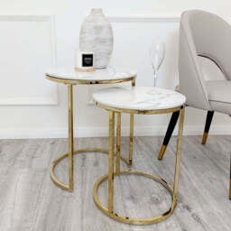 Cato Nest of 2 Tall Gold End Tables with Polar White Sintered Stone Tops – Elegant Luxe Side Tables - thumbnail 4