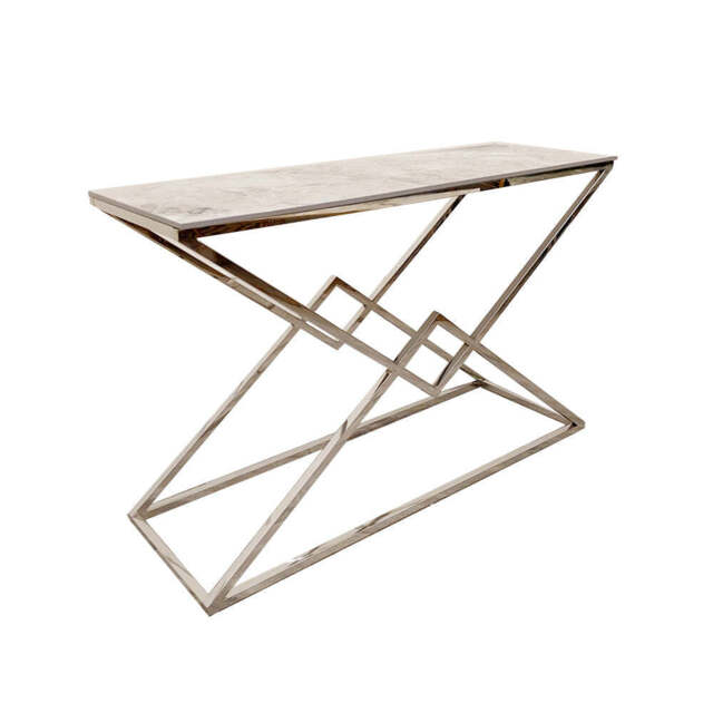 Vesta Chrome Console Table with Stomach Ash Sintered Stone Top – Modern Luxury Hallway Table - image 1