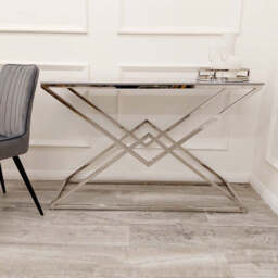 Vesta Chrome Console Table with Stomach Ash Sintered Stone Top – Modern Luxury Hallway Table - thumbnail 4