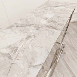 Vesta Chrome Console Table with Stomach Ash Sintered Stone Top – Modern Luxury Hallway Table - thumbnail 3