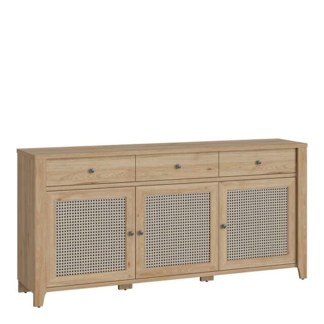 Cestino 3 Door 3 Drawer Sideboard in Jackson Hickory Oak and Rattan Effect - image 1