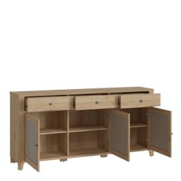 Cestino 3 Door 3 Drawer Sideboard in Jackson Hickory Oak and Rattan Effect - thumbnail 4