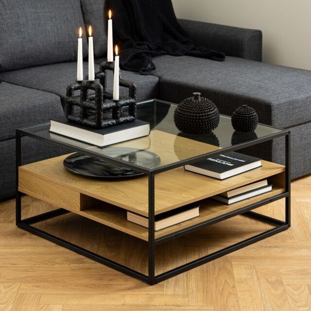 Randolf Square Coffee Table with 2 Shelves in Black and Oak - image 1