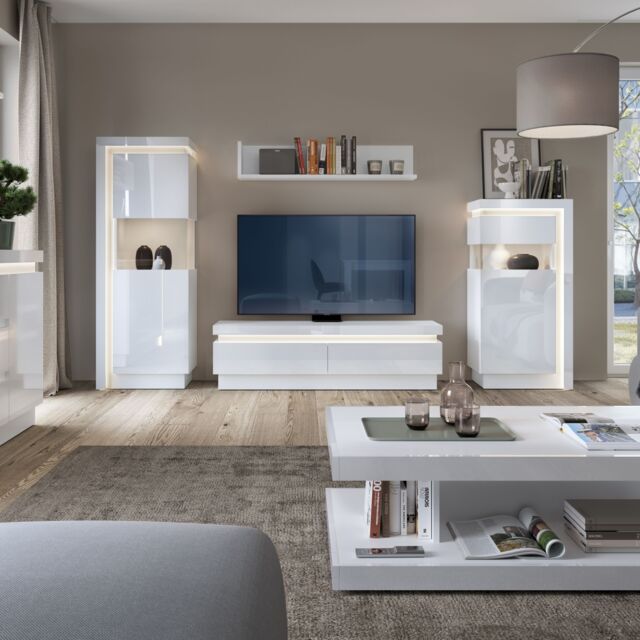 Lyon 2-Drawer TV Cabinet with LED Lighting in White High Gloss Finish - image 1