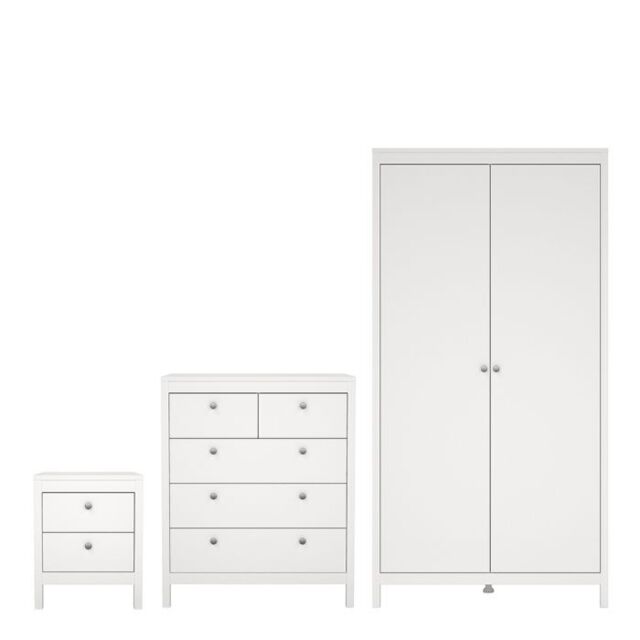 Madrid 3 Piece Bedroom Furniture Package – 2 Drawer Bedside, 5 Drawer Chest & 2 Door Wardrobe in White - image 1