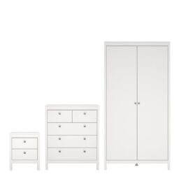 Madrid 3 Piece Bedroom Furniture Package – 2 Drawer Bedside, 5 Drawer Chest & 2 Door Wardrobe in White - thumbnail 1