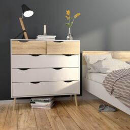 Oslo 3 Piece Bedroom Furniture Set – 1 Drawer Bedside, 5 Drawer Chest (2+3) & 2 Door 2 Drawer Wardrobe in White & Oak - thumbnail 6