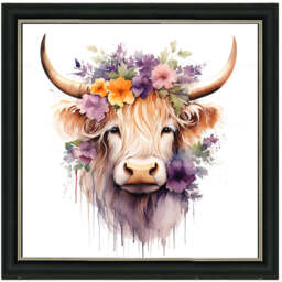 AN1542 HIGHLAND COW WITH FLOWERS III
