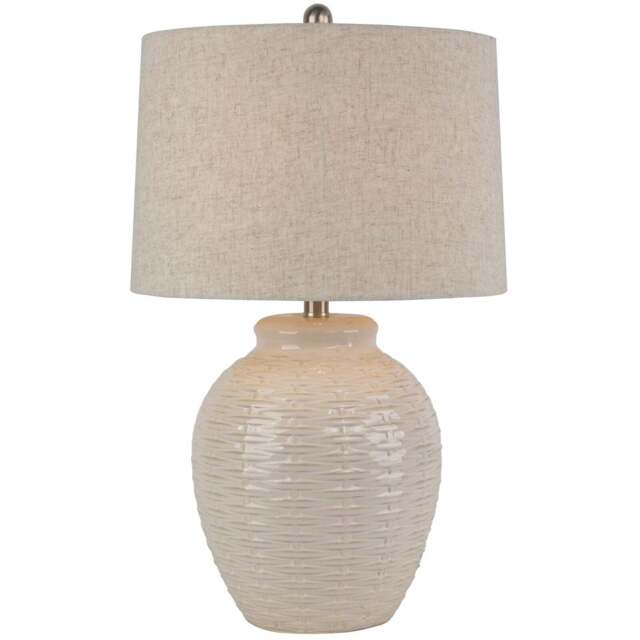 Handcrafted Warmth: Basketweave Ceramic Lamp & Linen Shade - image 1