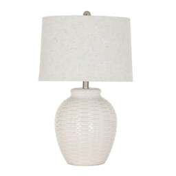 Handcrafted Warmth: Basketweave Ceramic Lamp & Linen Shade - thumbnail 2
