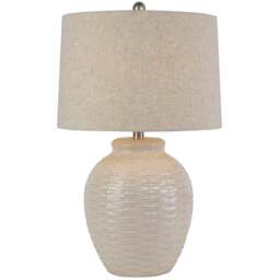 Handcrafted Warmth: Basketweave Ceramic Lamp & Linen Shade - thumbnail 1