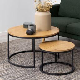 Spiro Round Coffee Table Set with Oak Top & Black Legs - thumbnail 1