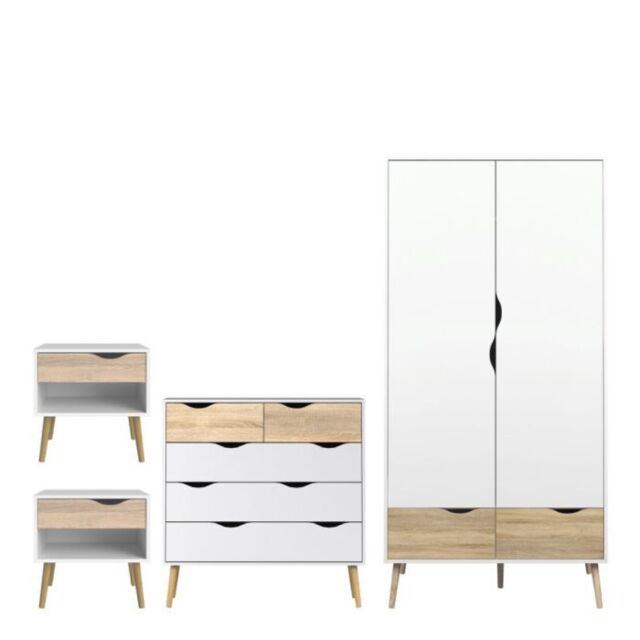 Oslo 4 Piece Bedroom Furniture Set – 1 Drawer Bedside, 5 Drawer Chest (2+3), 2 Door 2 Drawer Wardrobe & Double Bed in White & Oak - image 1