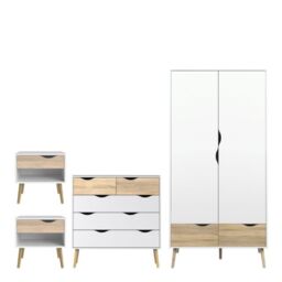Oslo 4 Piece Bedroom Furniture Set – 1 Drawer Bedside, 5 Drawer Chest (2+3), 2 Door 2 Drawer Wardrobe & Double Bed in White & Oak - thumbnail 1