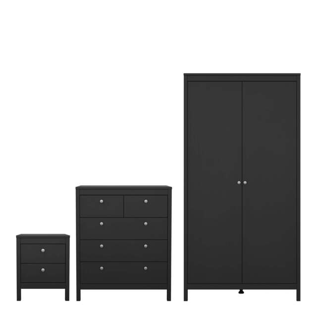 Madrid Package - Bedside Table 2 Drawers + Chest 3+2 Drawers + Wardrobe with 2 Doors in Matt Black - image 1