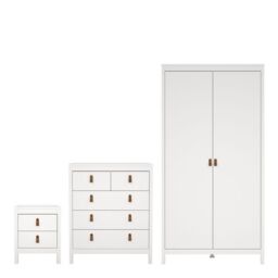 Barcelona 3 Piece Bedroom Furniture Package  2 Drawer Bedside, 5 Drawer Chest & 2 Door Wardrobe in White