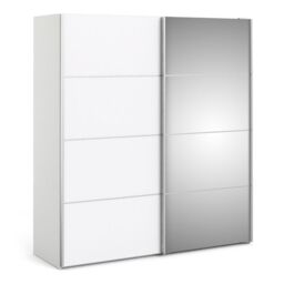 Verona Sliding Wardrobe 180cm – White with White & Mirror Doors, 2 Shelves
