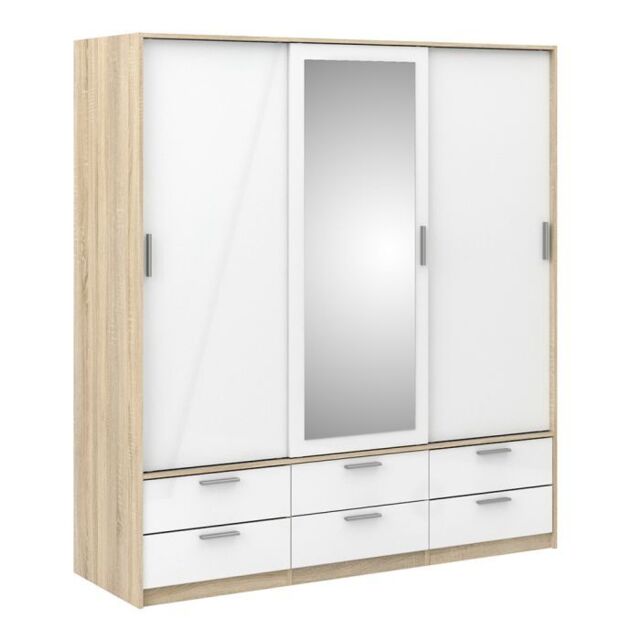 Line Wardrobe – 3 Door 6 Drawer in Oak with White High Gloss Finish - image 1