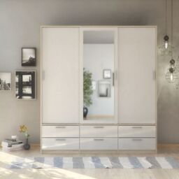 Line Wardrobe – 3 Door 6 Drawer in Oak with White High Gloss Finish - thumbnail 6