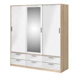 Line Wardrobe – 3 Door 6 Drawer in Oak with White High Gloss Finish - thumbnail 2