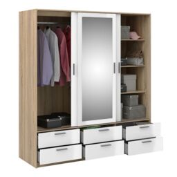 Line Wardrobe – 3 Door 6 Drawer in Oak with White High Gloss Finish - thumbnail 4
