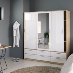 Line Wardrobe – 3 Door 6 Drawer in Oak with White High Gloss Finish - thumbnail 5