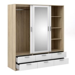 Line Wardrobe – 3 Door 6 Drawer in Oak with White High Gloss Finish - thumbnail 3