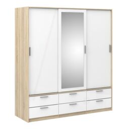 Line Wardrobe – 3 Door 6 Drawer in Oak with White High Gloss Finish