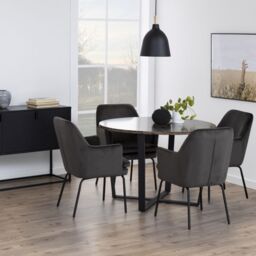 Amble Round Dining Table with Brown Marble Melamine Top & Black Legs 110x75cm - thumbnail 1