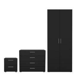 Pepe 3 Piece Bedroom Furniture Set  2 Drawer Bedside, 4 Drawer Chest & 2 Door Wardrobe in Black