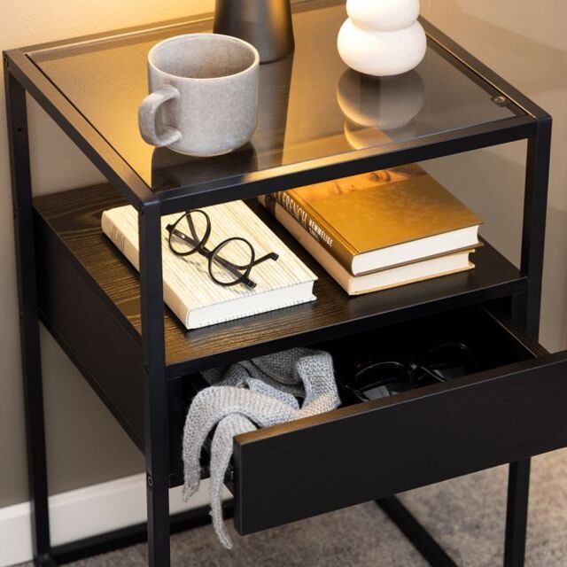 Randolf Bedside Table in Black with Smoked Glass - image 1