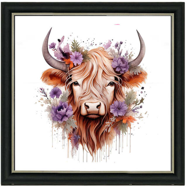 AN1541 HIGHLAND COW WITH FLOWERS -- - image 1