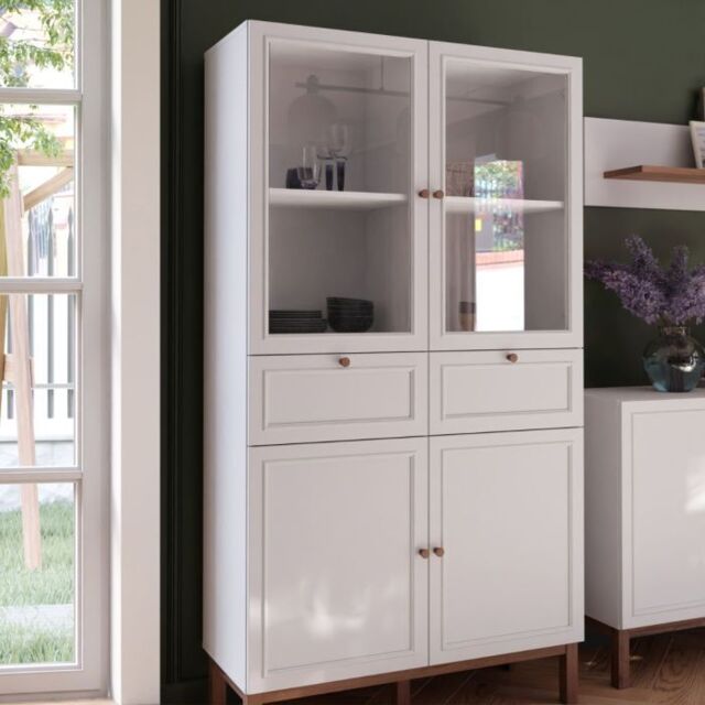Wensley Display Cabinet with 2 Doors 2 Drawers and 2 Glass Doors in Light Grey and Oak - image 1